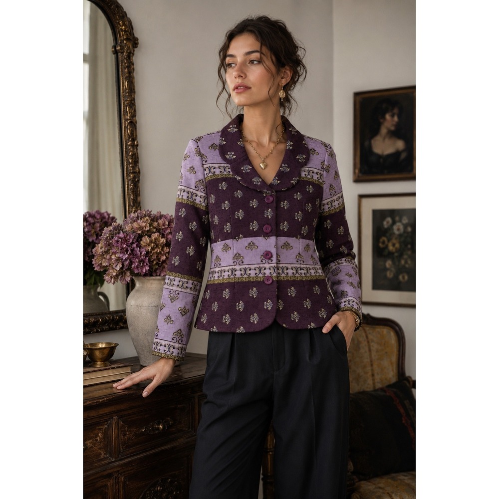Vintage Courtenay Tapestry Jacket Purple Jacquard Woven Blazer Shawl 90s 14
